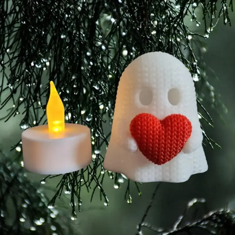 Fantôme 3D effet tricot avec cœur – Photophore Halloween & Saint-Valentin
