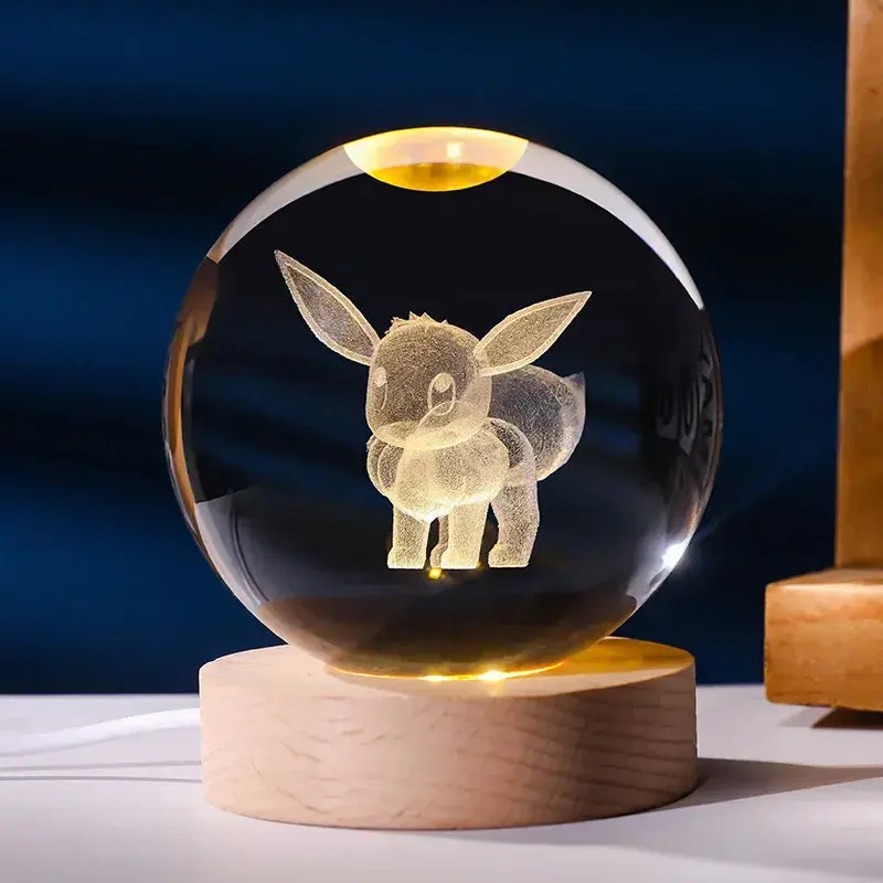 Pokéball LED Cristal Évoli - Socle bois USB